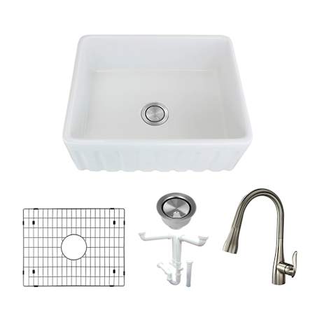 Transolid Logan 23-1/2" Farmhouse Single Basin Fireclay Kitchen Sink with Single Hole 1.8 GPM Kitchen Faucet White