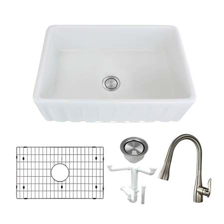Transolid Logan 30" Farmhouse Single Basin Fireclay Kitchen Sink with Single Hole 1.8 GPM Kitchen Faucet White