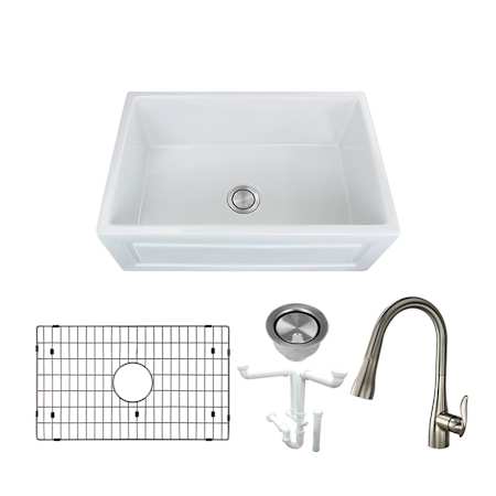 Transolid Versailles 30" Farmhouse Single Basin Fireclay Kitchen Sink with Single Hole 1.8 GPM Kitchen Faucet White