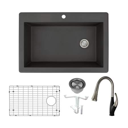 Transolid Radius 33" Drop In Single Basin Granite Kitchen Sink with Single Hole 1.8 GPM Kitchen Faucet Black