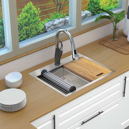 Transolid KWS 27" Drop In Single Basin Stainless Steel Kitchen Sink with Basin Rack, Basket Strainer, Colander and Cutting Board Stainless