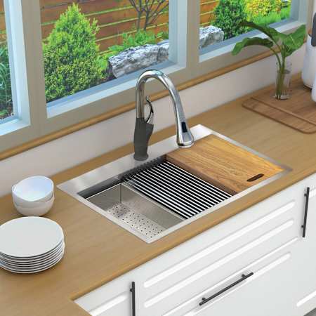 Transolid KWS 32" Drop In Single Basin Stainless Steel Kitchen Sink with Basin Rack, Basket Strainer, Colander and Cutting Board Stainless