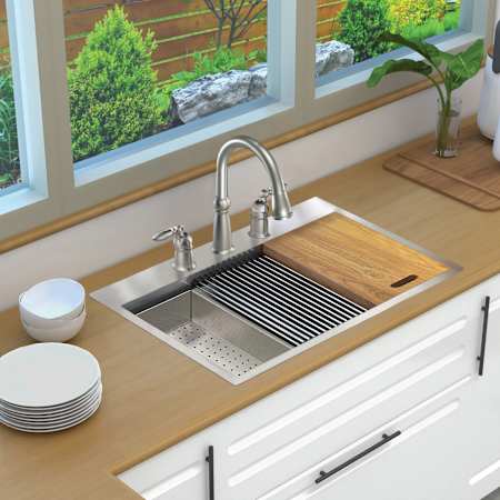Transolid KWS 32" Drop In Single Basin Stainless Steel Kitchen Sink with Basin Rack, Basket Strainer, Colander and Cutting Board Stainless