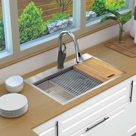 Transolid KWS 33" Drop In Single Basin Stainless Steel Kitchen Sink with Basin Rack, Basket Strainer, Colander and Cutting Board Stainless