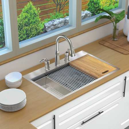 Transolid KWS 33" Drop In Single Basin Stainless Steel Kitchen Sink with Basin Rack, Basket Strainer, Colander and Cutting Board Stainless