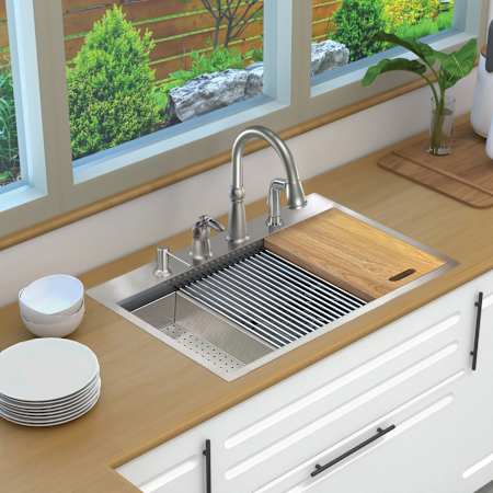 Transolid KWS 33" Drop In Single Basin Stainless Steel Kitchen Sink with Basin Rack, Basket Strainer, Colander and Cutting Board Stainless