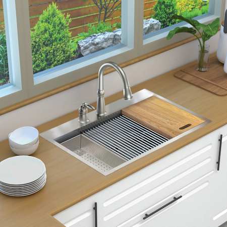 Transolid KWS 33" Drop In Single Basin Stainless Steel Kitchen Sink with Basin Rack, Basket Strainer, Colander and Cutting Board Stainless