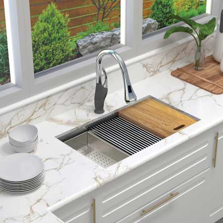 Transolid KWS 32" Undermount Single Basin Stainless Steel Kitchen Sink with Basin Rack, Basket Strainer, Colander and Cutting Board Stainless