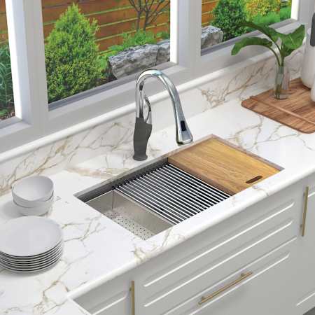 Transolid KWS 33" Undermount Single Basin Stainless Steel Kitchen Sink with Basin Rack, Basket Strainer, Colander and Cutting Board Stainless