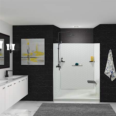 Transolid Prodigy 72" H x 60" W x 36" D Three Panel Shower Wall Kit with Aluminum Corner Trim White Hexagon Tile