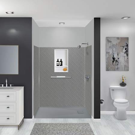Transolid Prodigy 72" High x 60" Wide x 36" Deep Three Panel Alcove Shower Wall Kit with Aluminum Corner Trim Dark Grey Herringbone Tile