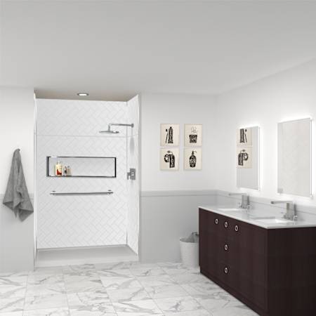 Transolid Prodigy 96" High x 60" Wide x 36" Deep Six Panel Alcove Shower Wall Kit with 24" Extension Panels and Aluminum Seam and Corner Trim White Herringbone Tile