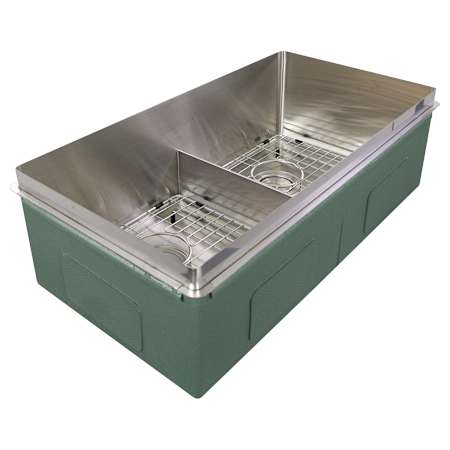 Transolid Rimless 32" Undermount Double Basin Kitchen Sink with Basin Rack and Basket Strainer Brushed Stainless