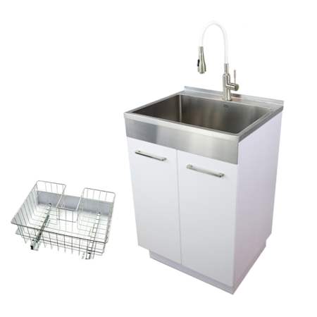 Transolid Contemporary Laundry Cabinet 23-5/8" Free Standing Single Basin Stainless Steel Laundry Sink Cabinet White