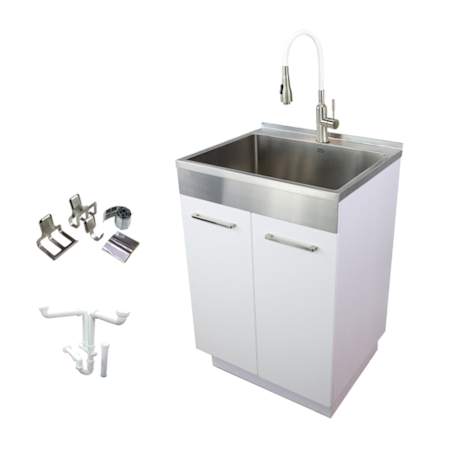 Transolid Contemporary Laundry Cabinet 23-5/8" Free Standing Single Basin Stainless Steel Laundry Sink Cabinet White