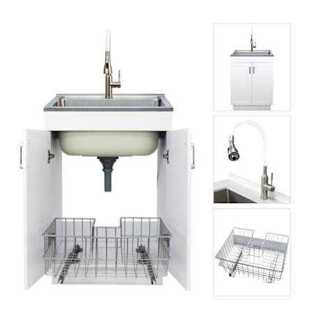 Transolid Contemporary Laundry Cabinet 23-5/8" Free Standing Single Basin Stainless Steel Laundry Sink Cabinet White