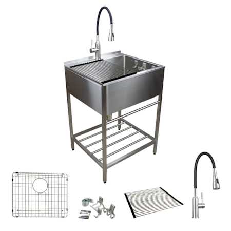 Transolid Contemporary Laundry Washstand 25" Free Standing Single Basin Stainless Steel Laundry Sink with Storage Rack Brushed Stainless
