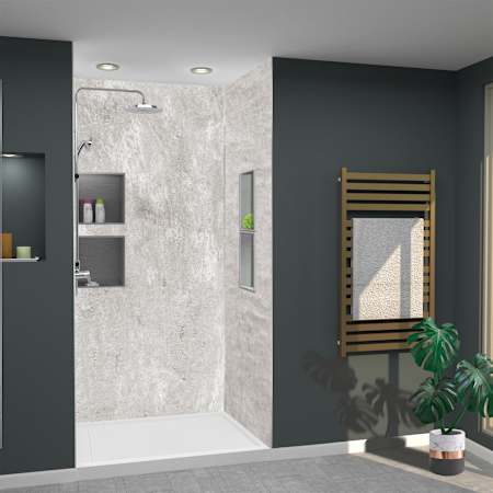 Transolid Titan 96" High x 48" Wide x 36" Deep Textured Concrete Shower Wall Kit with Aluminum Corner and Edge Trim Caesar Grey