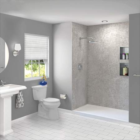 Transolid Titan 96" High x 60" Wide x 36" Deep Textured Concrete Shower Wall Kit with Aluminum Corner and Edge Trim Caesar Grey