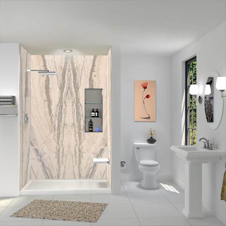 Transolid Titan 96" High x 60" Wide x 36" Deep High Gloss Bookmatch Shower Wall Kit with Aluminum Corner and Edge Trim Savanna Creme