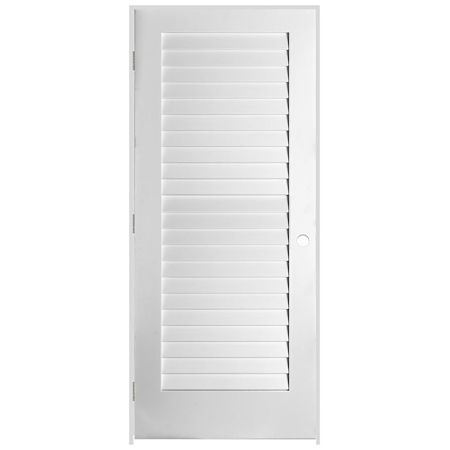 Trimlite 34" W x 80" H Plantation Full Louver Primed Solid Core 4-9/16" Jamb Left Handed Interior Pre Hung Passage Door with Satin Nickel Hinges Primed