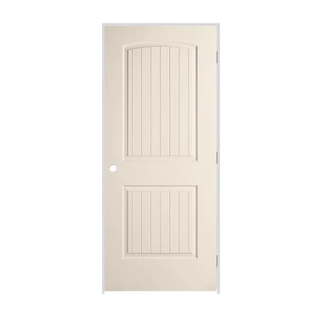 Trimlite 34" x 80" Primed 2-Panel Arch Top V-Groove Santa Fe Molded Hollow Core 7-1/4" Jamb Left Hand Prehung Door with Satin Nickel Hinges Primed