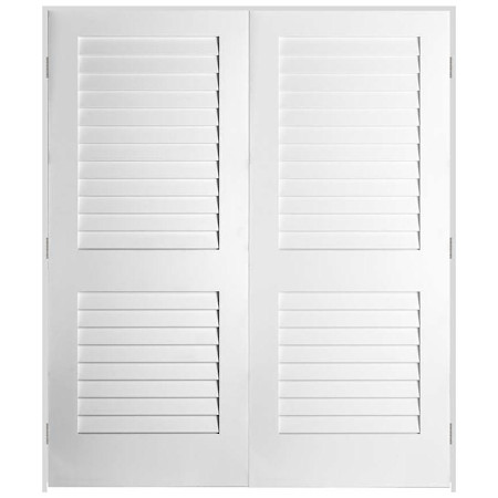 Trimlite 68" W x 84" H Plantation Full Louver Primed Solid Core 6-9/16" Jamb Interior Pre Hung Passage Door with Satin Nickel Hinges Primed