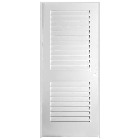 Trimlite 26" W x 84" H Plantation Full Louver Primed Solid Core 6-9/16" Jamb Left Handed Interior Pre Hung Passage Door with Black Hinges Primed