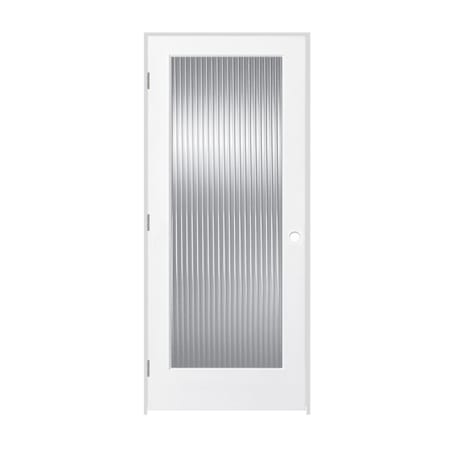 Trimlite 28" x 80" Reed Glass 1 Lite Primed Prehung Right Interior French Passage Door with Brushed Chrome Hinges and 6-9/16" Door Jamb Primed