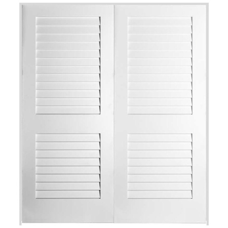 Trimlite 56" W x 84" H Plantation Full Louver Primed Solid Core 4-9/16" Jamb Interior Pre Hung Passage Door with Satin Nickel Hinges Primed