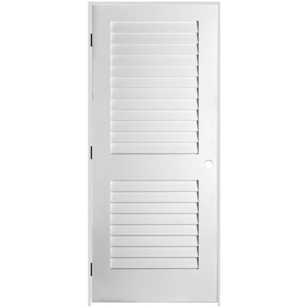 Trimlite 28" W x 84" H Plantation Full Louver Primed Solid Core 6-9/16" Jamb Left Handed Interior Pre Hung Passage Door with Oil Rubbed Bronze Hinges Primed