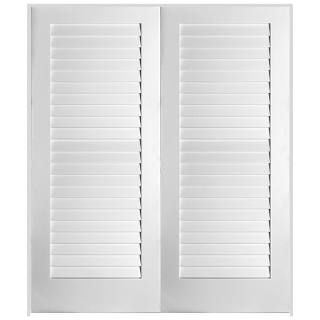 Trimlite 56" W x 84" H Plantation Full Louver Primed Solid Core 4-9/16" Jamb Interior Pre Hung Passage Door with Satin Nickel Hinges Primed