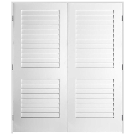 Trimlite 60" W x 84" H Plantation Full Louver Primed Solid Core 7-1/4" Jamb Interior Pre Hung Passage Door with Black Hinges Primed