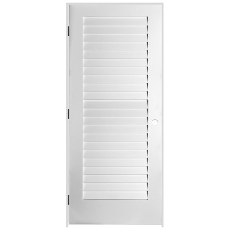 Trimlite 36" W x 84" H Plantation Full Louver Primed Solid Core 4-9/16" Jamb Left Handed Interior Pre Hung Passage Door with Black Hinges Primed