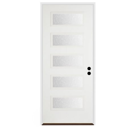 Trimlite 36"W x 96"H Rain 5 Lite Contemporary Left Handed Exterior Prehung Entry Door with Satin Nickel Hinges, 4-9/16" Door Jamb, and Bronze Sill Primed
