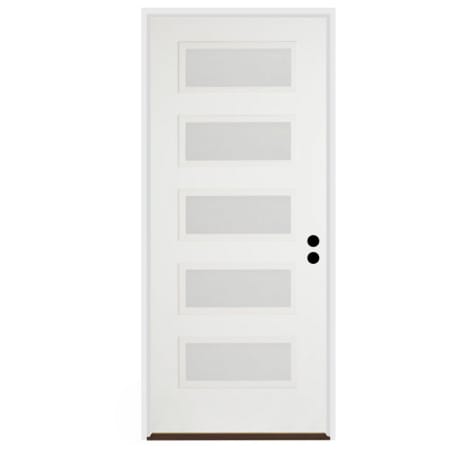 Trimlite 36"W x 96"H Etched 5 Lite Contemporary Left Handed Exterior Prehung Entry Door with Satin Nickel Hinges, 6-9/16" Door Jamb, and Bronze Sill Primed