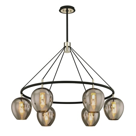Troy Lighting Iliad 6 Light 40" Wide Ring Chandelier with Plated Smoke Glass Acorn Shades Carbide Black / Polished Nickel
