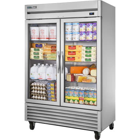 True 54 Inch Wide Two Door Reach-In Commercial Refrigerator with Glass Swing Doors Stainless Steel
