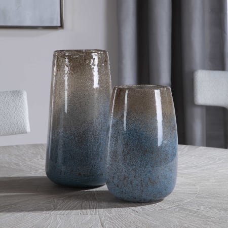 Uttermost Ione Set of (2) Glazed Seeded Glass Ombre Home Decor Table Vases Taupe / Light Blue