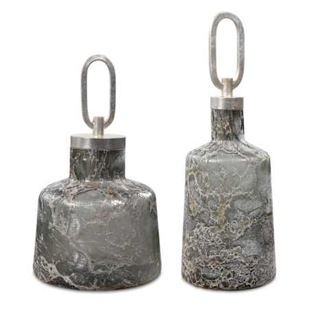 Uttermost Storm 6-1/4" Wide Glass and Iron Bottles - Set of 2 Charcoal / Silver