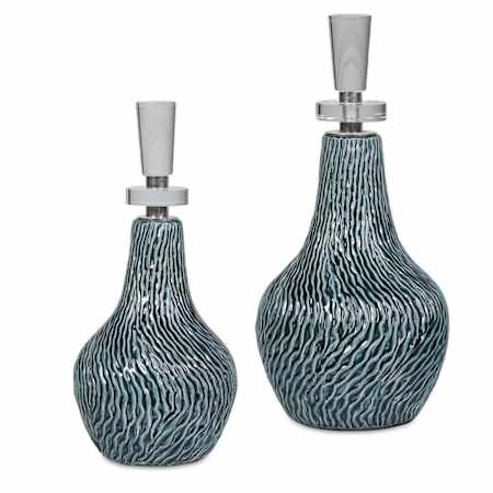 Uttermost Almera 7-1/2" Wide Ceramic and Crystal Bottles - Set of 2 Dark Teal / Polished Nickel