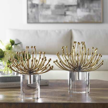Uttermost Aga 10" Tall Crystal and Steel Abstract Table Statue - Set of 2 Crystal / Gold