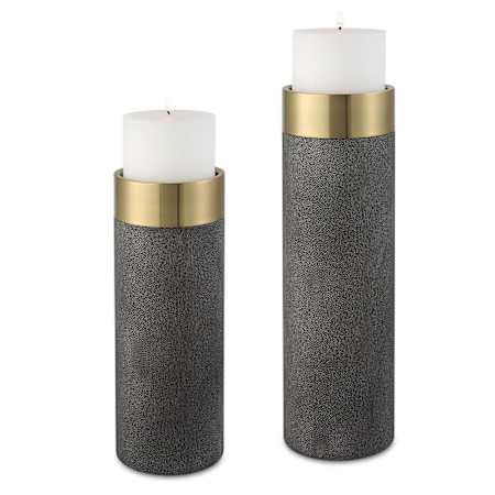 Uttermost Wessex Metal Table Pillar Candle Holder - Set of 2 Antique Brushed Brass / Gray