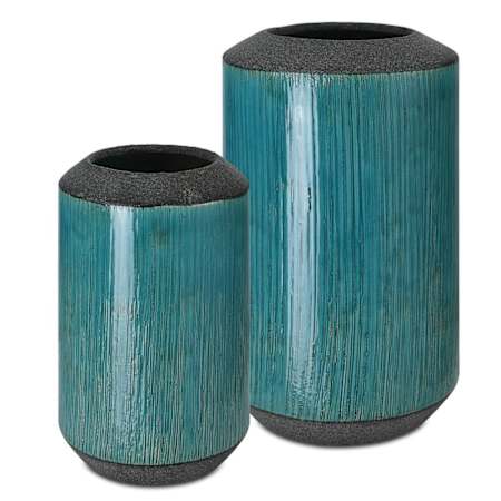 Uttermost Maui 11-1/4" Tall Ceramic Vase - Set of 2 Bronze / Aqua Blue