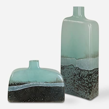 Uttermost Fuze 14-1/4" Tall Glass Vase - Set of 2 Aqua / Bronze