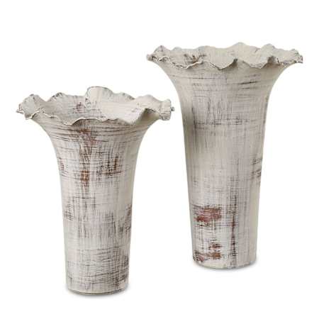 Uttermost Ruffled Petal 16" Tall Porcelain Vase - Set of 2 Distressed White