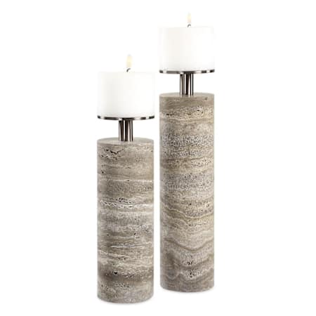 Uttermost Shadowstone Marble, Metal Table Pillar Candle Holder - Set of 2 Dark Bronze / Gray