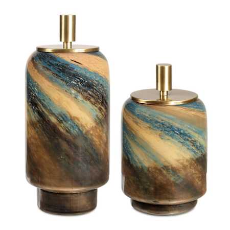 Uttermost Celestial Tide 14-1/4" Tall Glass and Metal Canisters - Set of 2 Blue / Caramel