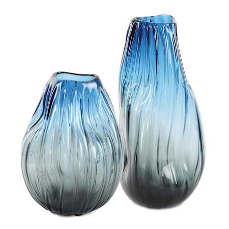 Uttermost Midnight Horizon 14-1/2" Tall Glass Vase - Set of 2 Deep Black / Vibrant Blue