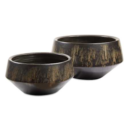Uttermost Bronze Duo 11" Wide Ceramic Decorative Bowls - Set of 2 Bronze / Green Ivory
